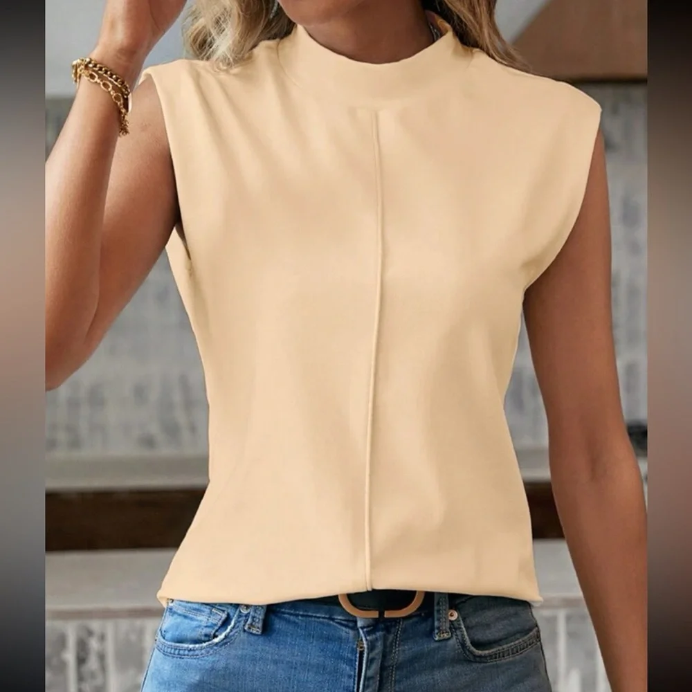 Classic Waffle Mock Cowl Neck Cap Sleeve Work Office Casual Top Blouse Shirt - Picture 14 of 16